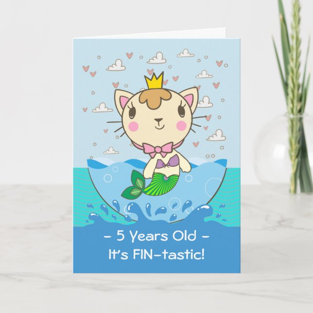 Happy 5th Birthday for Girl, Purmaid, Merkitten Karte (Vorderseite)