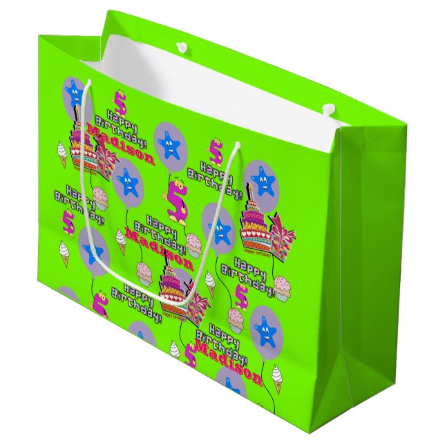Happy 5th Birthday Geschenktasche #5 Green Große Geschenktüte (Vorderseite Schrägansicht)