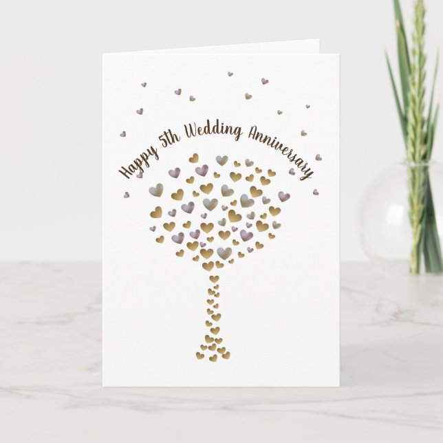 Happy 5th Wedding Anniversary, wood heart tree Karte (Vorderseite)