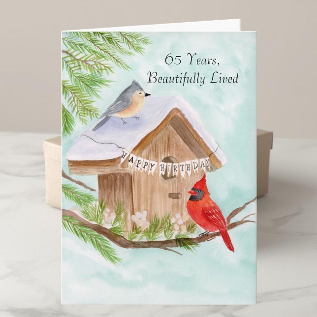  Happy 65th Birthday Birds at Birdhouse Karte (Von Creator hochgeladen)