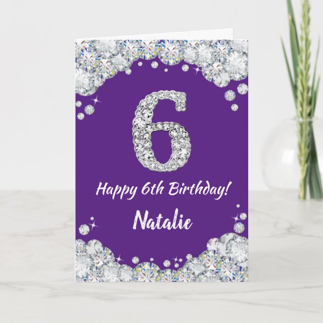 Happy 6th Birthday Lila and Silver Glitzer Card Karte (Vorderseite)