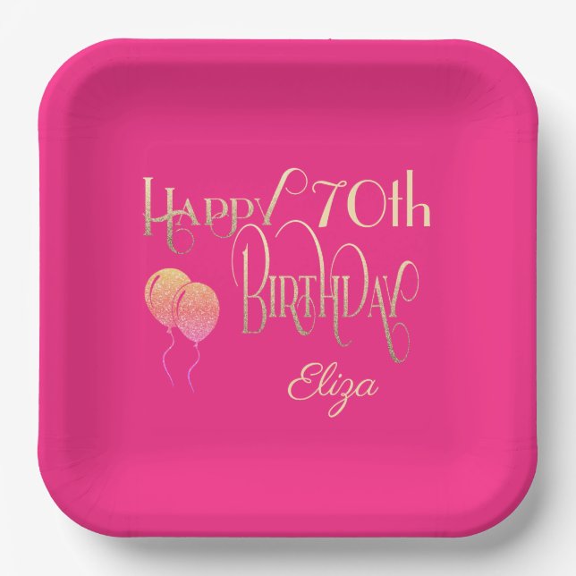Happy 70. Geburtstag Verziertes Script Gold Pink Pappteller (Vorderseite)