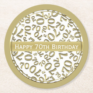 "Happy 70. Geburtstag" White/Gold Zahlenmuster Runder Pappuntersetzer