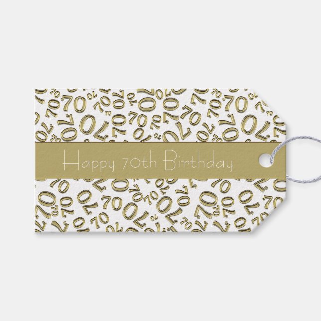 Happy 70. Geburtstag Zahlenmuster Gold/Weiß Geschenkanhänger (Vorderseite (Horizontal))