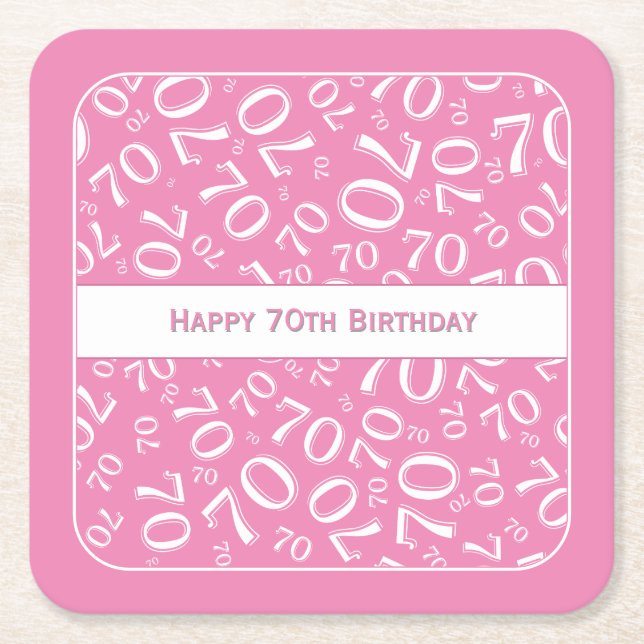"Happy 70 th Birthday" Pink/White Number Pattern Rechteckiger Pappuntersetzer (Vorderseite)
