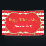 Happy 70th Birthday Banner Red and Gold Glitter<br><div class="desc">Happy 70th Birthday Banner for women or man. Red and Gold Birthday Party Banner. Gold Glitter Confetti. Black and White Stripes. Printable Digital. For further customization,  please click the "Customize it" button and use our design tool to modify this template.</div>