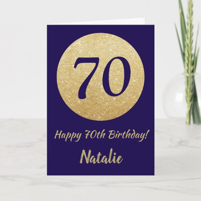 Happy 70th Birthday Navy Blue and Gold Glitter Karte (Vorderseite)