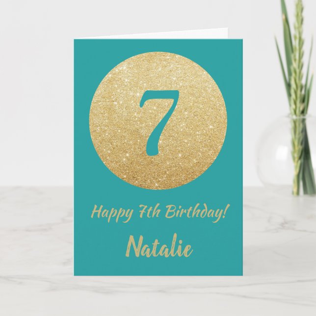 Happy 7th Birthday Aquamarin and Gold Glitzer Card Karte (Vorderseite)