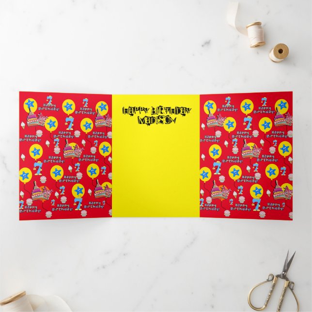 Happy 7th Birthday Card, #7 Red & Yellow Dreifach Gefaltete Karte (Innenseite)