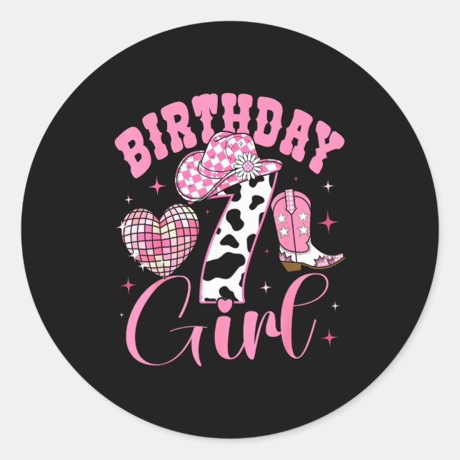 Happy 7th Birthday Girl Outfit Rodeo Western Cowgi Runder Aufkleber (Vorderseite)