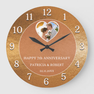 Happy 7th Wedding Anniversary Heart Foto Copper Große Wanduhr