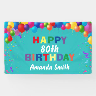 Happy 80. Geburtstag Bunte Balloons Aquamarin Banner