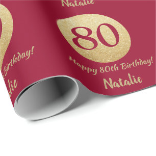 Happy 80. Geburtstag Burgundy Red and Gold Glitzer Geschenkpapier