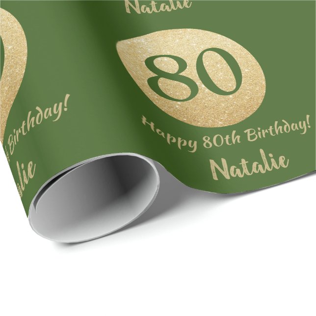 Happy 80. Geburtstag Grün und Gold Glitzer Geschenkpapier (Rolleneckpunkt)