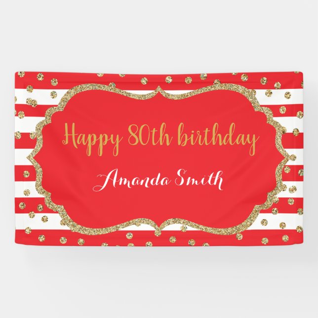 Happy 80th Birthday Banner Red and Gold Glitter (Horizontal)