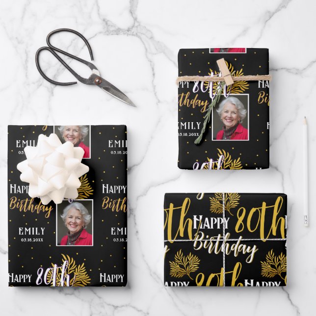 Happy 80th Birthday Black Gold Foliage Photo  Geschenkpapier Set (Vorderseite)