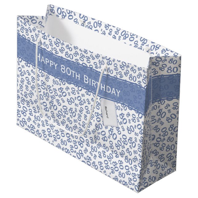 Happy 80th Birthday Blau und Weiße Zahlenmuster Große Geschenktüte (Vorderseite Schrägansicht)