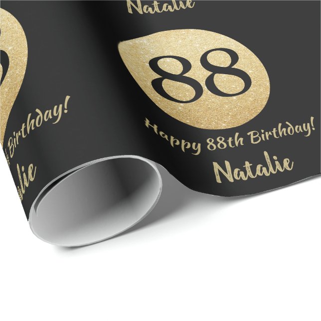 Happy 88. Geburtstag Black and Gold Glitzer Geschenkpapier (Rolleneckpunkt)