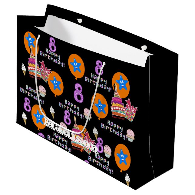 Happy 8. Geburtstag Geschenktasche #8 Black Große Geschenktüte (Vorderseite Schrägansicht)