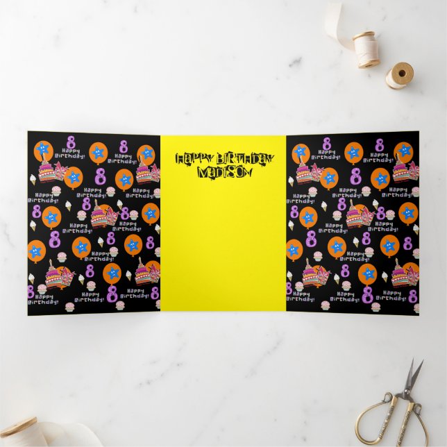Happy 8th Birthday Card, #8 Black&Yellow Dreifach Gefaltete Karte (Innenseite)