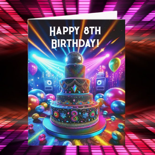 Happy 8th Birthday Disco Cake Karte (This great 8th birthday card is a wonderful disco card for.)