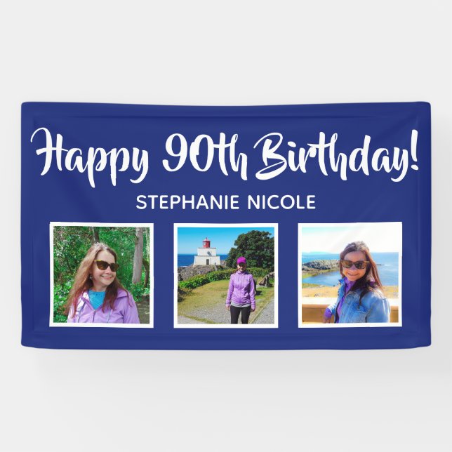 Happy 90. Geburtstag Navy Blue Personalisierte Fot Banner (Horizontal)