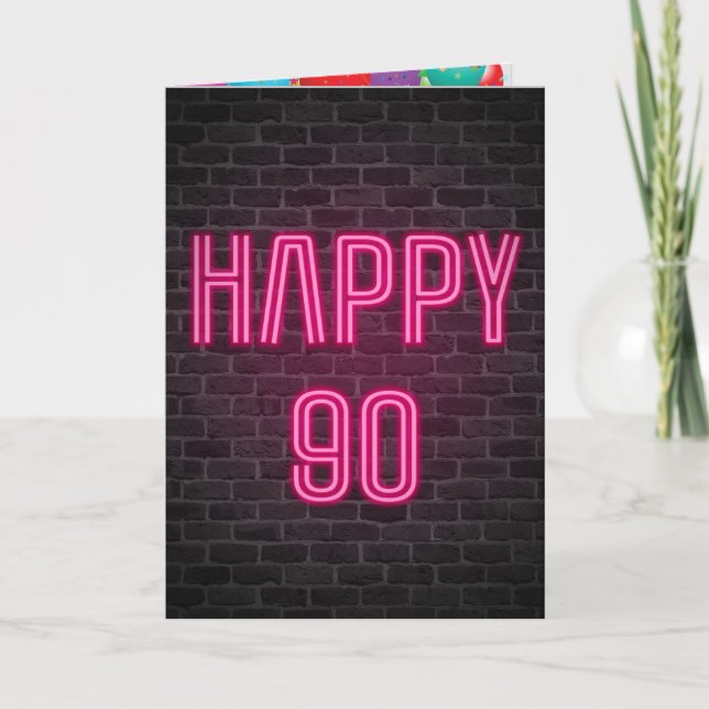 Happy 90. Geburtstag Neon Sign auf Backstein Karte (Vorderseite)