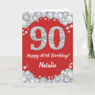 Happy 90. Geburtstagskarte Rot und Silber Glitzer Karte
