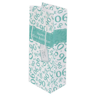 Happy 90. Random Number Pattern Aquamarin/weiß Geschenktüte Für Weinflaschen