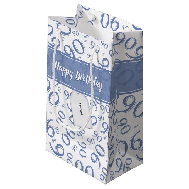 Happy 90. Random Number Pattern Blau/Weiß Kleine Geschenktüte (Vorderseite Schrägansicht)