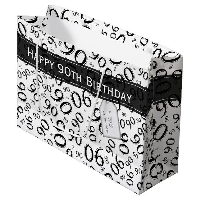 Happy 90. Random Number Pattern Schwarz/Weiß Große Geschenktüte (Vorderseite Schrägansicht)