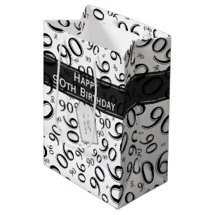 Happy 90. Random Number Pattern Schwarz/Weiß Mittlere Geschenktüte