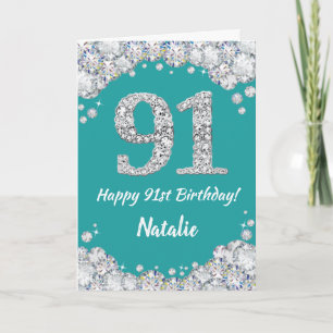 Happy 91. Geburtstagskarte Aquamarin und Silver Gl Karte