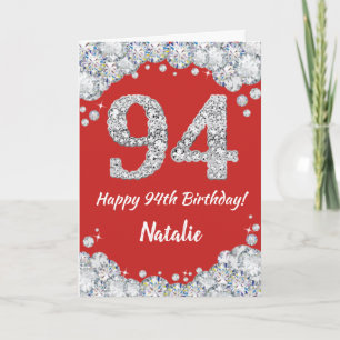 Happy 94. Geburtstagskarte Rot und Silber Glitzer Karte