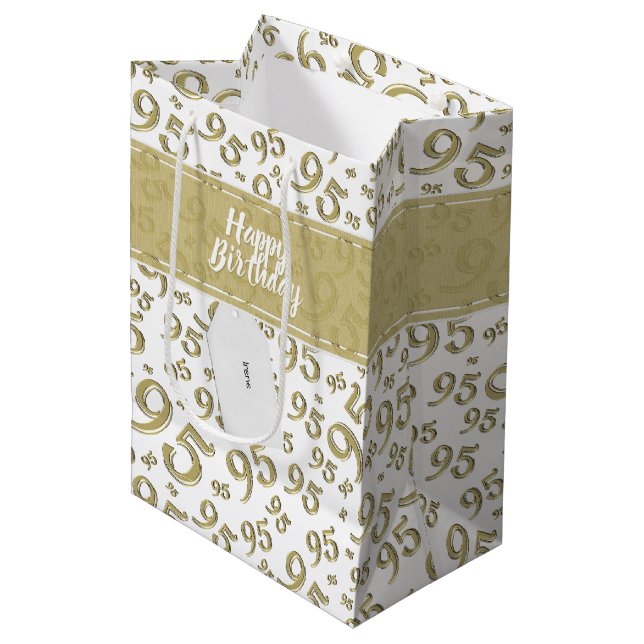 Happy 95. Geburtstag Zahlenmuster Gold Mittlere Geschenktüte (Vorderseite Schrägansicht)