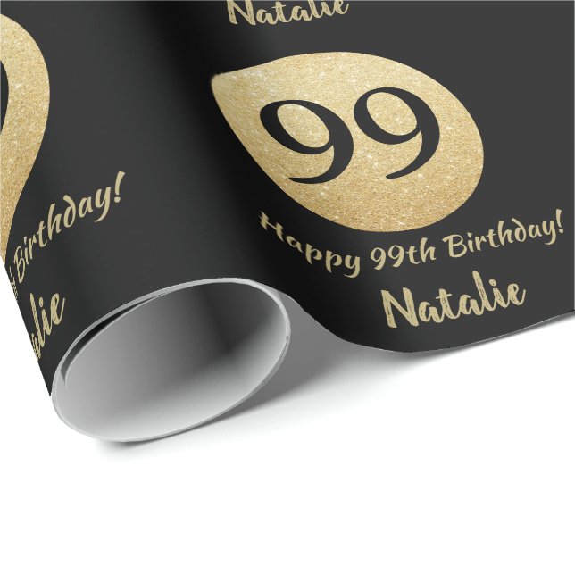 Happy 99. Geburtstag Black and Gold Glitzer Geschenkpapier (Rolleneckpunkt)