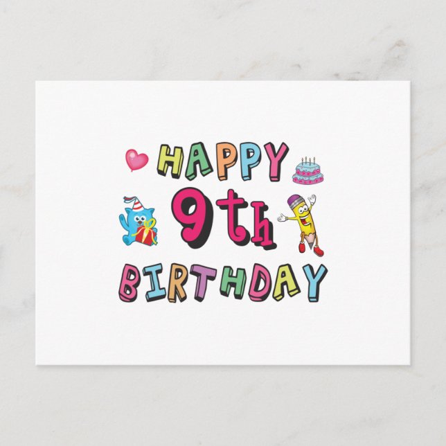 Happy 9th Birthday for 9 year old Kids B-day Postkarte (Vorderseite)