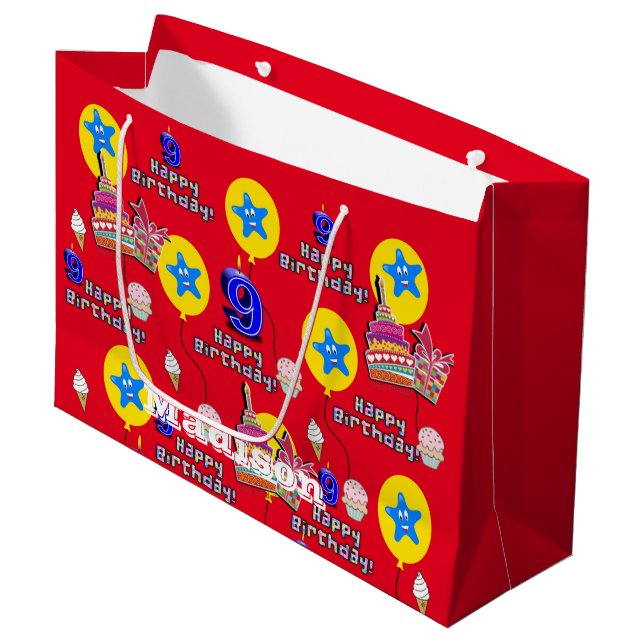 Happy 9th Birthday Geschenktasche #9 Red Große Geschenktüte (Vorderseite Schrägansicht)