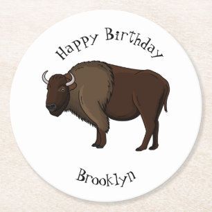Happy American Bison Buffalo Illustration Runder Pappuntersetzer