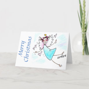 Happy Angel Smiling Blue Gowned with Hearts Feiertagskarte