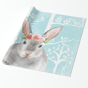 Happy Animal mit Blume in Blue Forest Bunny Geschenkpapier