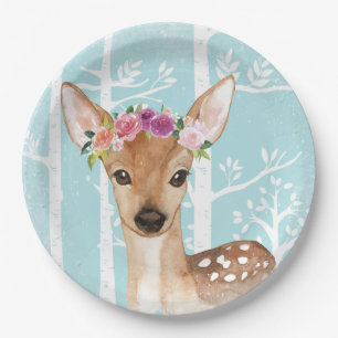 Happy Animal with Blume in Blue Forest Deer Pappteller