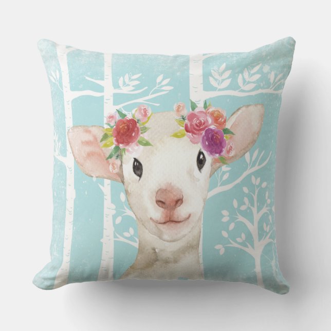 Happy Animal with Blume in Blue Forest Sheep Kissen (Vorderseite)
