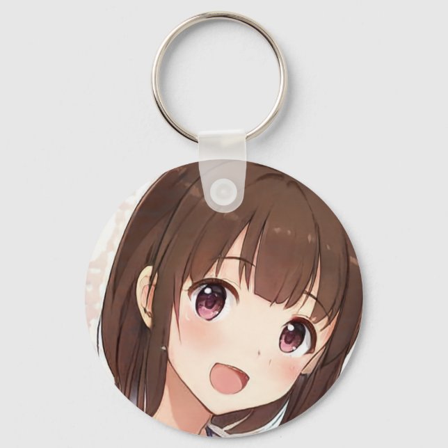 Happy anime Mädchen niedlich Manga braune Haare Be Schlüsselanhänger (Vorderseite)