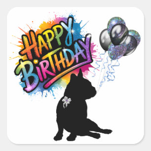 Happy Anniversaire carré autocollant avec frenchie
