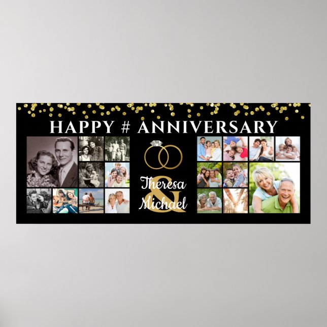 Happy Anniversary 18 Foto Collage Black Gold Poster (Vorne)