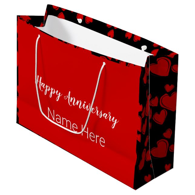 Happy Anniversary Black and Red with Hearts Große Geschenktüte (Vorderseite Schrägansicht)