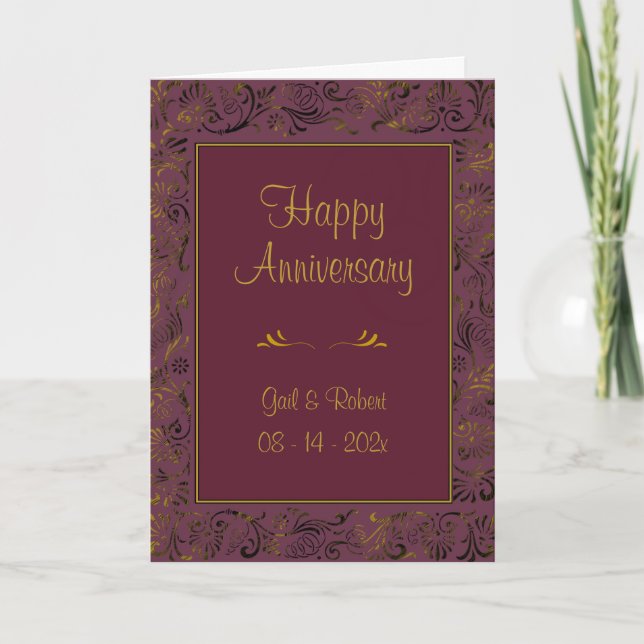 Happy Anniversary Burgundy Gold Karte (Vorderseite)
