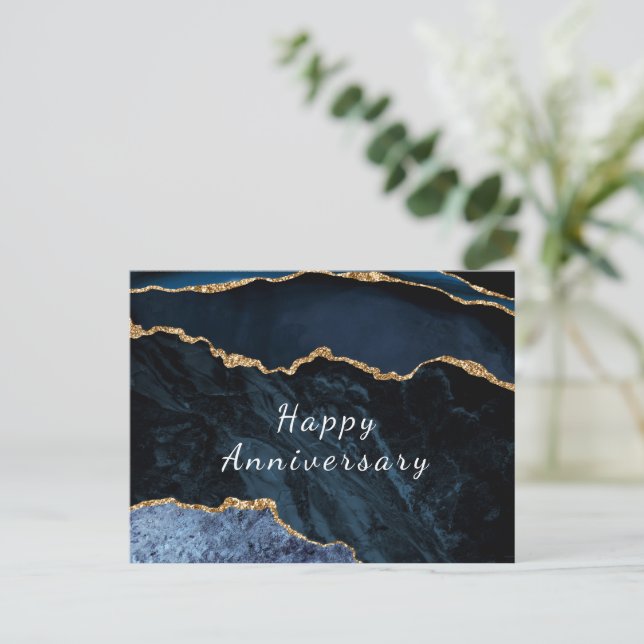 Happy Anniversary Card Agate Navy Blue Gold Postkarte (Stehend Vorderseite)