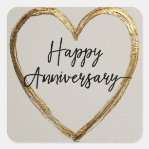 "Happy Anniversary" Design mit Goldenem Herzen Quadratischer Aufkleber